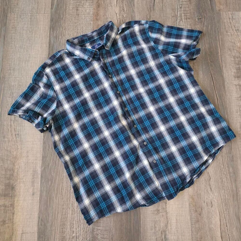 George Men's 2XL Plaid Short Sleeve Button Down Stretch Shirt Navy